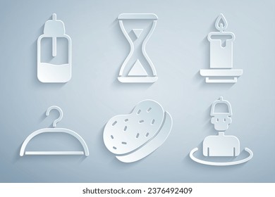 Set Bath sponge, Aroma candle, Hanger wardrobe, Man in the sauna, Sauna hourglass and Essential oil bottle icon. Vector