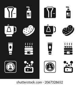 Set Bath sponge, Cup of tea with tea bag, Bathrobe, Cream or lotion cosmetic tube, Hot sauna stones, Bar soap and Sauna thermometer icon. Vector