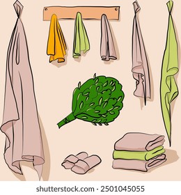 Set of bath towels and accessories. Vector illustration