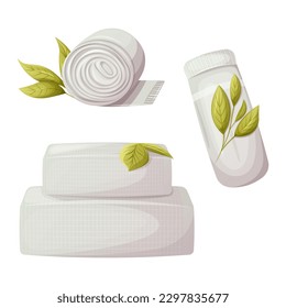 Un conjunto de toallas de baño rodadas y dobladas. Vista lateral y superior. Twig con hojas verdes. El concepto de spa, relajación Estilo de caricatura. Ilustración vectorial de moda.