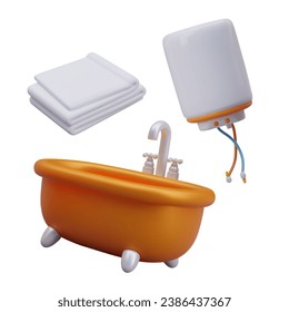 Set of bath, white towel and boiler for heating water. 3d home bathroom, washing and cleaning, hygiene concept. Vector illustration in 3d style and orange elements