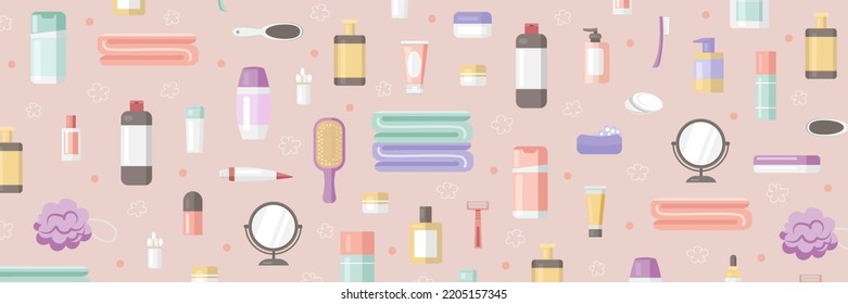 Set of bathing accessories and cosmetics on pink background