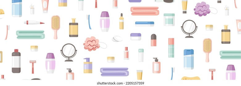 Set of bathing accessories and cosmetics on white background