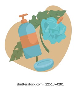 Set of bathing cosmetics and bast wisp on white background