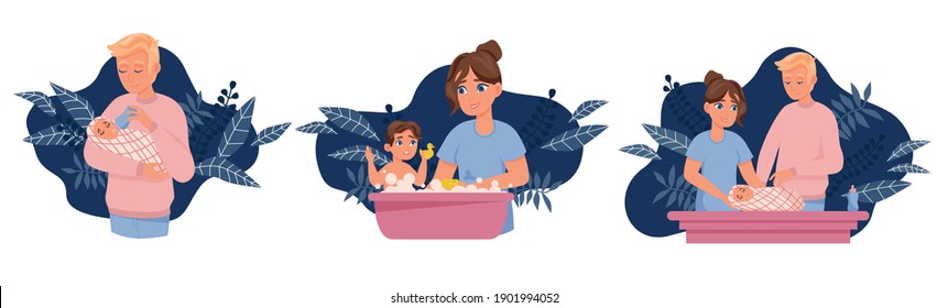 Bañarse, alimentar y tragar a un bebé. Ilustración vectorial plana con carácter de caricatura.