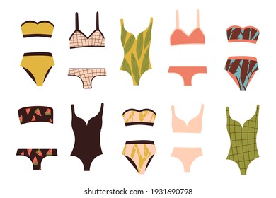 A set of bathing suits for a girl and a woman. bathing clothes. Summer swimsuit. Clothes for a trip to the sea. Sunbathe on the beach. Collection of vector illustrations. 