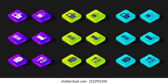 Set Bathrobe, Hotel door lock key, Electrical outlet, Bathtub, Towel on hanger and Identification badge icon. Vector