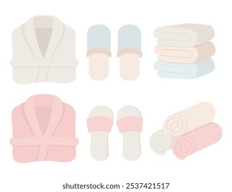 Set of bathrobe, slippers and towels. Bathroom, sauna, spa elements. Cartoon flat vector illustration. 