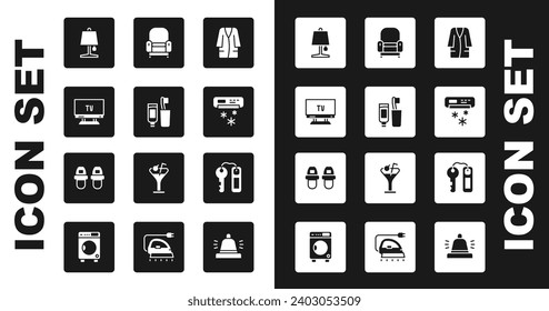 Set Bathrobe, Toothbrush and toothpaste, Smart Tv, Table lamp, Air conditioner, Armchair, Hotel door lock key and slippers icon. Vector