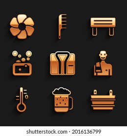 Albornoz, jarra de cerveza de madera, balde de sauna, Hombre en la sauna, termómetro, Bar de jabón, banco de madera e ícono de flor. Vector