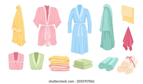 Set of Bathrobes, Bathroom Accessories Towels, Hanging and Folding Personal Hygiene Everyday Body Care Tools Collection. Colorful Textile Wipers for Drying After Washing. Vector Illustration, Elements