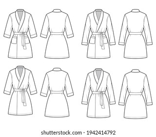 Set of Bathrobes Dressing gown technical fashion illustration with wrap opening, mini length, oversized, tie, pocket, elbow long sleeves. Flat front back white color style. Women men unisex CAD mockup