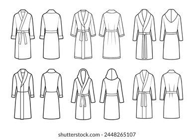 Set of bathrobes for men. Front and back views. Hand drawn illustration, sketch. Vector