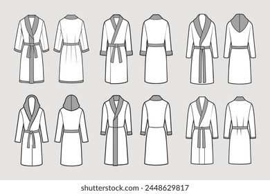 Set of bathrobes for men. Front and back views. Hand drawn illustration, sketch. Vector	