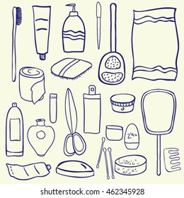 Set of bathroom accesories and personal hygiene care items. Vector doodle hand drawn icons. Clip art for design.