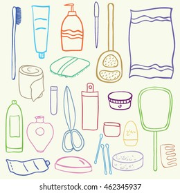 Set of bathroom accesories and personal hygiene care items. Vector doodle hand drawn icons. Clip art for design.
