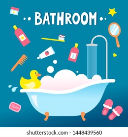 Set of bathroom accessories with bath full of foam, yellow rubber duck, cosmetics, slippers and mirror.