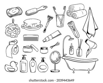 Set an Badezimmerzubehör. Kollektion von Hygienezubehör, Badewanne und Handtuch, Seife und Zahnbürste. Vektorgrafik von Reinigungsmitteln auf weißem Hintergrund.