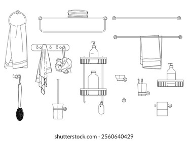 Set of bathroom accessories. Collection of hygiene accessories, bath and towel, soap and toothbrush. Vector illustration of cleaning products on white background.