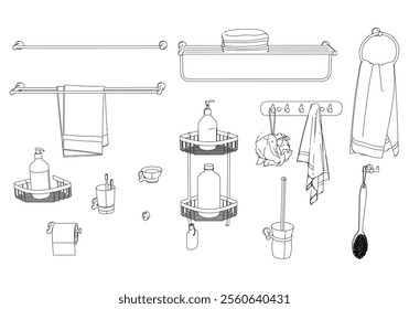 Set of bathroom accessories. Collection of hygiene accessories, bath and towel, soap and toothbrush. Vector illustration of cleaning products on white background.