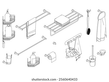 Set of bathroom accessories. Collection of hygiene accessories, bath and towel, soap and toothbrush. Vector illustration of cleaning products on white background.