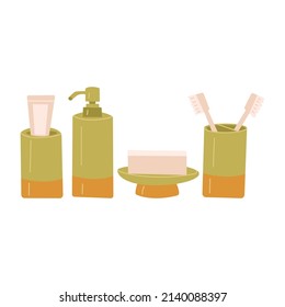 Set of bathroom accessories, dispenser with detergent, toothpaste and brushes, soap. Morning routine. Hygiene products. Colorful vector isolated illustration hand drawn
