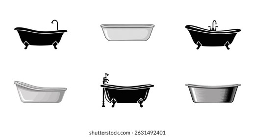 conjunto de accesorios de baño, colección elegante de iconos de línea minimalistas que representan varios diseños de bañera para la estética moderna del baño, colección de pictograma de silueta que muestra varios.