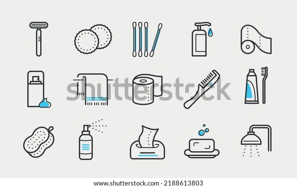 Set of bathroom accessories line icons. Cosmetic beauty\
care products, towels, hygiene and grooming accessories. Vector\
illustration  