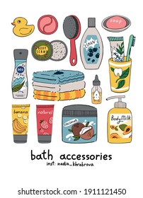 conjunto de accesorios de baño. Gráficos vectoriales. pueden utilizarse como ilustraciones para libros infantiles, postales, sitios web.