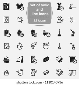Set of bathroom cleaning solid and line vector icons.