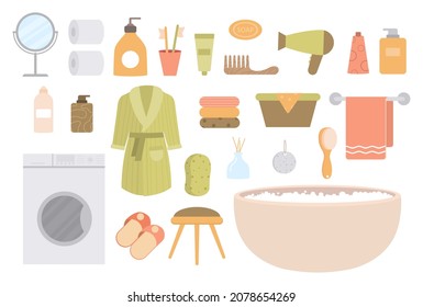 Set of bathroom elements. Collection of everyday things. Bathrobe, cosmetics, washing machine, hygiene products, slippers, hairdryer. Cartoon flat vector illustrations isolated on white background