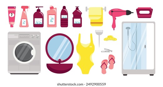 Set of bathroom elements and equipment in cartoon style.Vector illustration of a shower cabin, swimsuit, slippers, hair pins, barrette, mirror, washing machine, towel, hair dryer,household appliances.