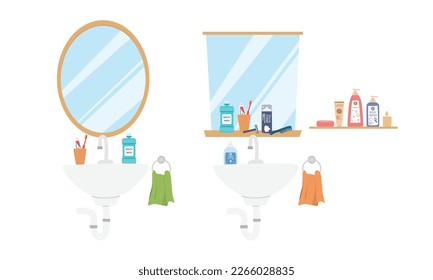 Conjunto de elementos de baño en ilustración vectorial de estilo plano. Enrosque, cepillo de dientes, dentífrico, espejo, enjuague bucal, afeitadora, crema de afeitado, champú, dibujo de clítico de loción, doodle dibujado a mano. Concepto de productos de tocador