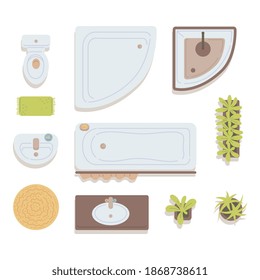 A set of bathroom elements top view. Interior of home bathroom with bath, sinks, potted plants, toilet and mats. Flat cartoon vector isolated illustrations.