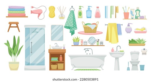 Set of bathroom elements. Towels, sponge and soap. Washbasin, toilet, shower stall and wardrobe. Apartment interior furniture and decor. Cartoon flat vector illustrations isolated on white background