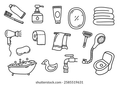 Set of bathroom elements vector with doodle style on a white background