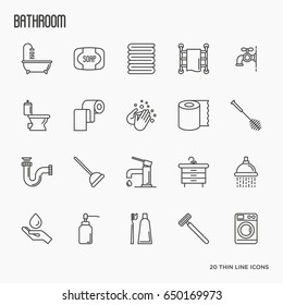 Set of bathroom equipment thin line icons. Vector illustration. Hygiene, purity, beauty, plumber related icons.