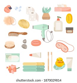 Set mit Badezimmerausstattung, Illustration. Vektorsymbole der menschlichen Körperhygiene-Ausrüstung für die Innenausstattung der Badezimmer. Eine Reihe von ökologischen Toilettenartikeln, Installations-, Installations- und Hygieneartikeln