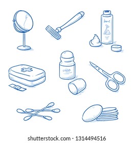 Set of bathroom, hygiene objects: mirror, shaver with cream, first aid kit, deodorant, scissors, cotton swabs and pads for cleaning. Hand drawn blue line art cartoon vector illustration. 