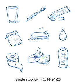 Set of bathroom, hygiene objects: tooth brush and tooth paste, glass, soap, toilet paper, tissue box, shower cream and washcloth. Hand drawn blue line art cartoon vector illustration. 