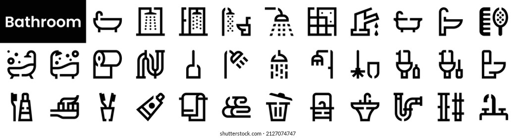 El cuarto de baño es Icons. Colección de iconos planos negros aislados en fondo blanco