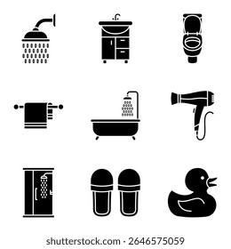 Set of Bathroom Icons in Black Silhouette Style