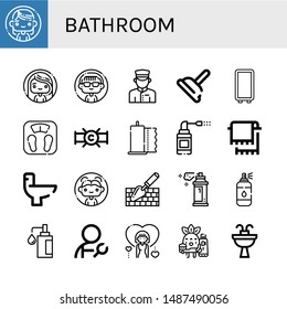 Set of bathroom icons such as Woman, Doorman, Plunger, Mirror, Bathroom scale, Pipe, Paper towel, Sprays, Towel, Wc, Trowel, Spray, Soap, Plumber, Toothbrushing, Sink , bathroom
