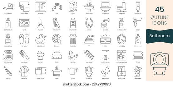 Set of bathroom icons. Thin outline icons pack. Vector illustration