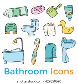 Set of bathroom icons with using doodle style and outline on white background