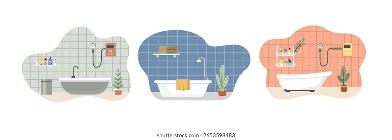 Set of bathroom interior. Collection of bathtub. Bathroom sink. Hotel bathroom. Water heater.
