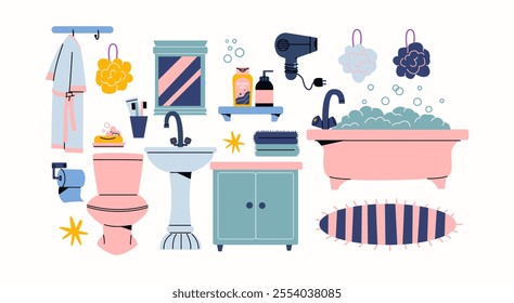 Set of bathroom interior elements. Cartoon shower room, bathtub, sink, towels, shelf with toiletries, mirror, toilet. Vector illustration, stickers