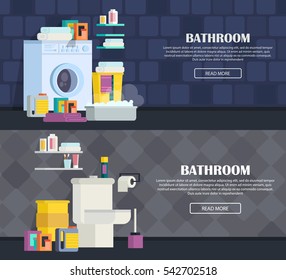 
A set of bathroom interior. Icons of bathroom items: bathroom, toilet, washing machine, sink, shower, mirror, towels, powders. In modern orthogonal design. Vector illustration.