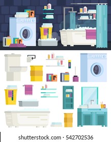 
A set of bathroom interior. Icons of bathroom items: bathroom, toilet, washing machine, sink, shower, mirror, towels, powders. In modern orthogonal design. Vector illustration.