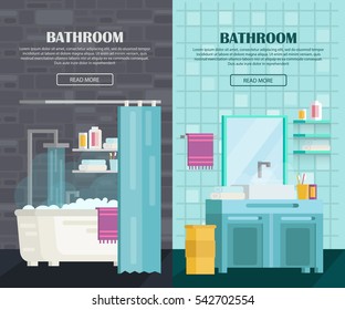 
A set of bathroom interior. Icons of bathroom items: bathroom, toilet, washing machine, sink, shower, mirror, towels, powders. In modern orthogonal design. Vector illustration.